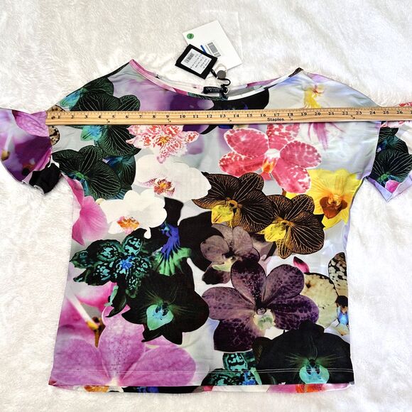 Cristinaeffe Women's Floral Lilac Short Sleeve Stretch Top Blouse Sz 42/6 Italy - Picture 8 of 14